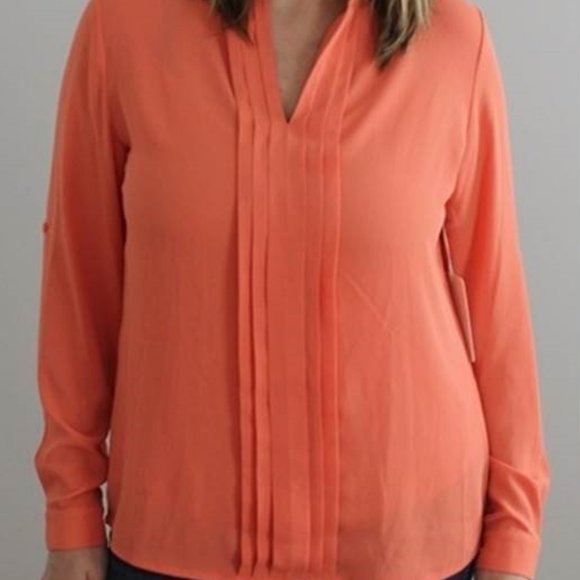41 Hawthorne Breyson Pleated Tab-Sleeve Coral Orange Blouse S - Picture 12 of 12